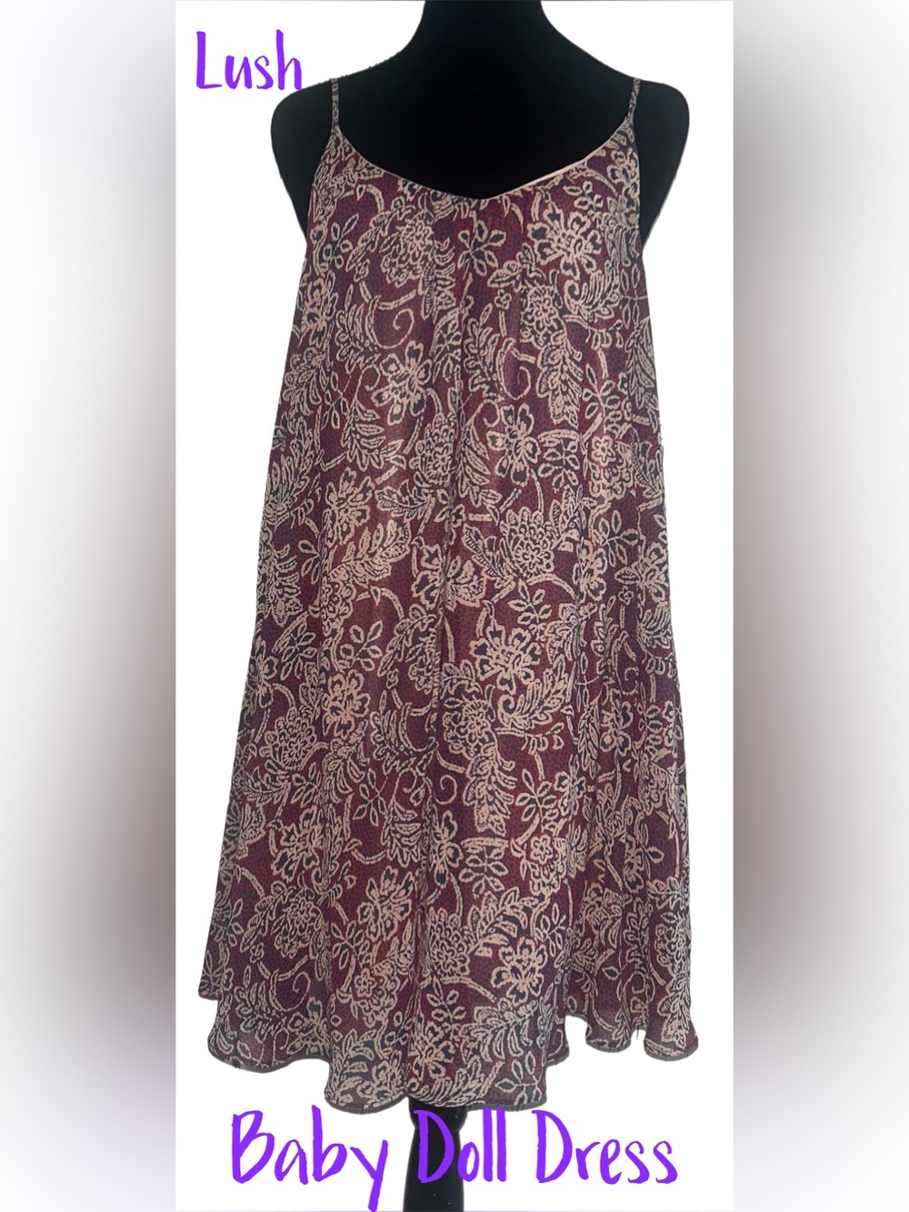 Lush Women's Burgundy Floral Baby Doll Spaghetti Strap Dress-NWT